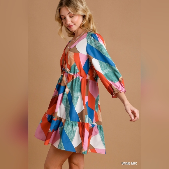 Umgee Abstract V-Neck Tiered Printed Dress - Picture 3 of 9